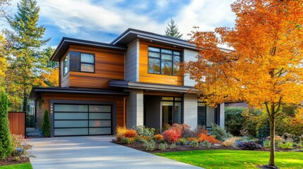 Stylish modern home in a quiet city street, leaving room for copy in the background.