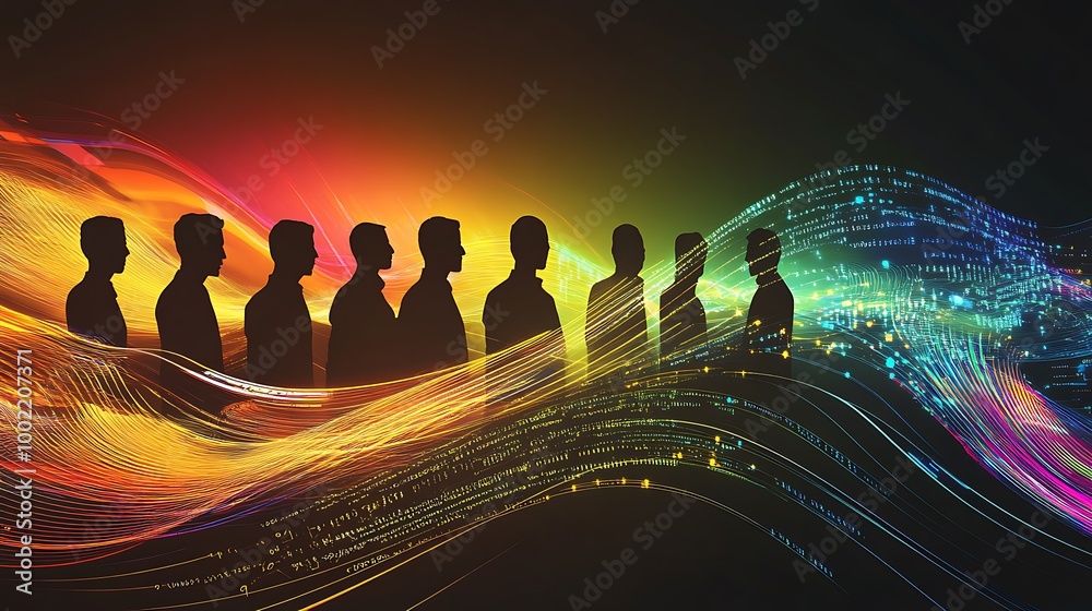 Poster Silhouettes of men standing in a row in front of a colorful abstract background.