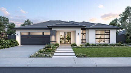Front view of a modern house in Australian style with a garage, and a concrete driveway, on a blue sky background, Contemporary residence design. 3D render.
