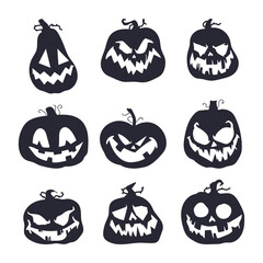 Halloween pumpkins with spooky and scary faces vector silhouettes set isolated on a white background.