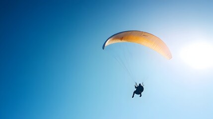 Paraglider gliding through a vast clear sky with the sun shining brightly on their colorful canopy creating a tranquil and serene aerial scene