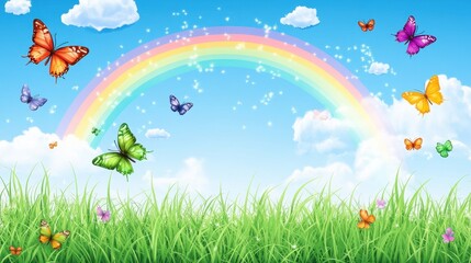 Naklejka premium Colorful Butterflies and Rainbow in a Bright Blue Sky Over a Lush Green Meadow with Sparkling Stars