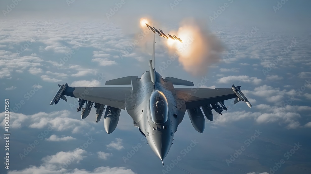 Poster powerful fighter jet firing its guns in a dynamic mid flight aerial combat scene with the panning al