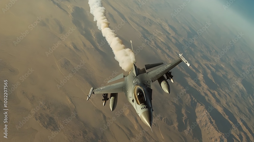 Poster Powerful fighter jet diving swiftly towards the ground leaving a billowing smoke trail in its wake as the captures the intense adrenaline fueled motion and energy of the aircraft in action