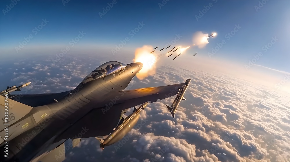 Poster powerful fighter jet firing its guns at full force mid flight the panning to show the destructive bu
