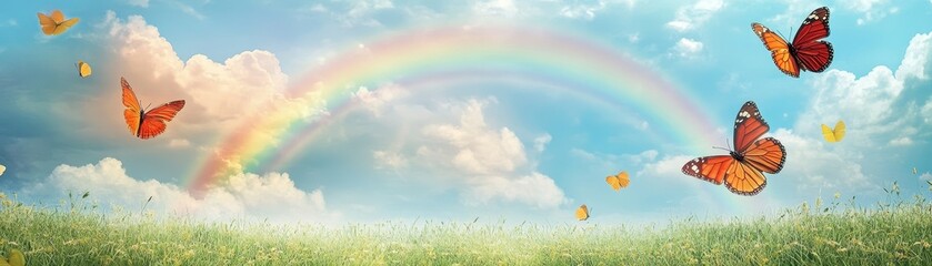 Obraz premium Vibrant Butterflies and Rainbow Over a Sunny Meadow with Blue Sky and Fluffy Clouds