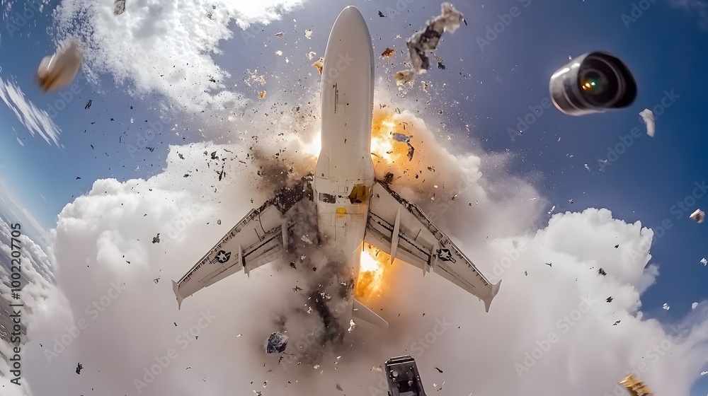 Poster powerful jet aircraft bursting through the cloudy sky with debris and fragments scattering around in