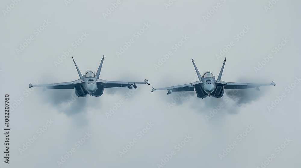 Poster Powerful military jets performing high speed synchronized evasive maneuvers in the vast atmospheric sky  Captured in dynamic motion with a smooth transition between the jets  acrobatic movements