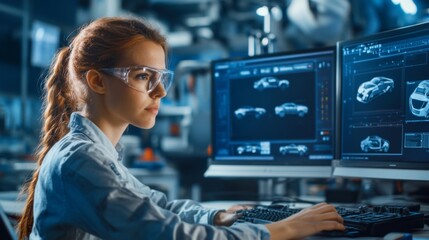 Female Automotive Engineer Working on a Computer Design of a Car