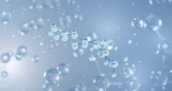 Propyl gallate, rotating 3D model of e310, seamless looped video, molecular structure with selective focus