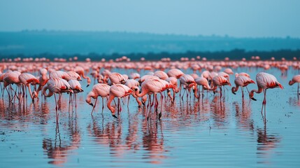 Obraz premium A flock of flamingos wades in a lake, their long legs submerged while their heads remain above water