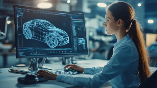 Female Engineer Designing a Car on a Computer