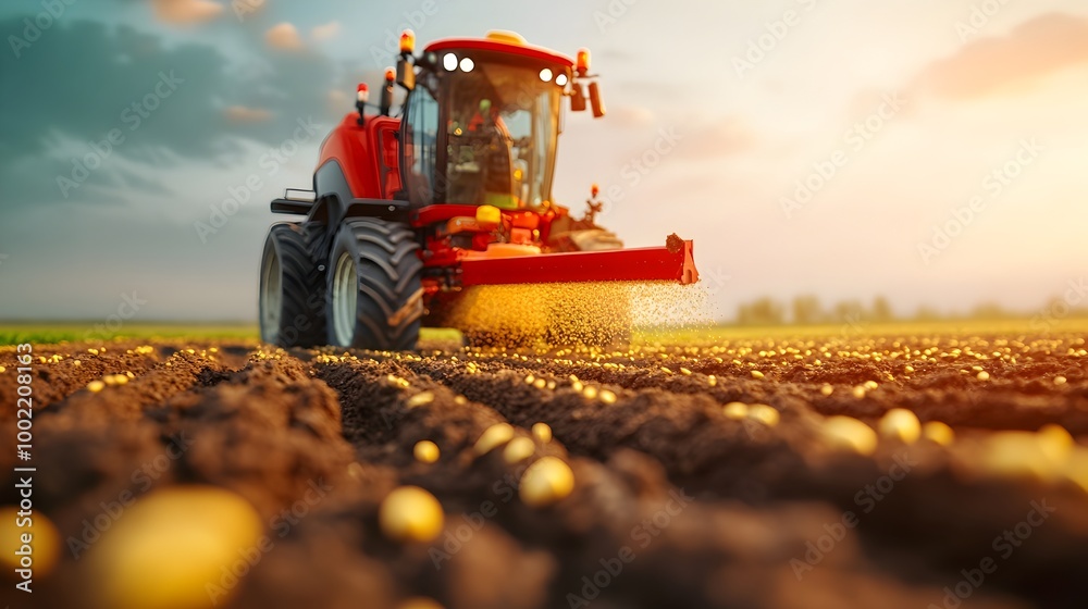 Poster Precision Planting A Close Up View of a Row Crop Planter s Machinery Meticulously Dropping Seeds Into Carefully Cultivated Furrows Showcasing the Technological Advancements in Modern Agriculture