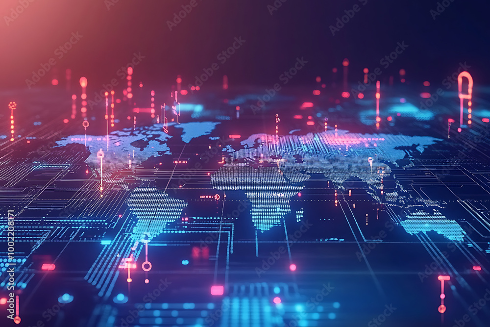 Poster a digital representation of a global network with data connections and a world map.
