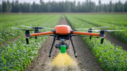 Precision agricultural drone equipped with specialty spray nozzles carefully applying pesticides or fertilizers to optimize crop yields and minimize environmental impact