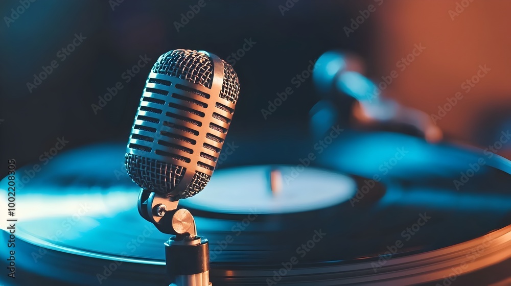 Aufkleber Retro microphone resting gently on top of a spinning vinyl record placed on an old fashioned turntable creating a nostalgic and atmospheric music production scene