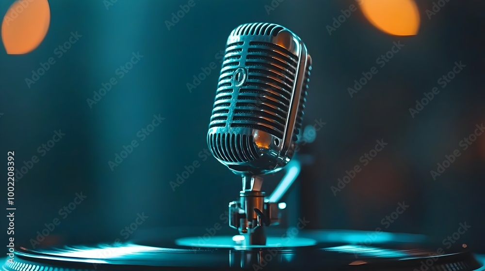 Aufkleber retro microphone resting on top of a spinning vinyl record on an old turntable with a soft blurred f