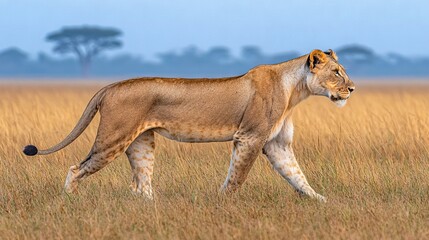 Naklejka premium A lion walking in a grassy field with tall trees in the background