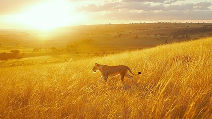 Naklejka premium A lion gracefully traverses a field of towering grass while the sun bathes the distant hills with light