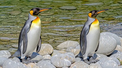 Fototapeta premium A pair of penguins perched atop a rocky mound beside a tranquil body of water, with rocks in the foreground