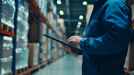 A close-up of a worker using a tablet to manage inventory in a warehouse