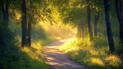 Naklejka premium Sunlit Forest Path with Lush Greenery and Golden Morning Light in a Serene Natural Setting