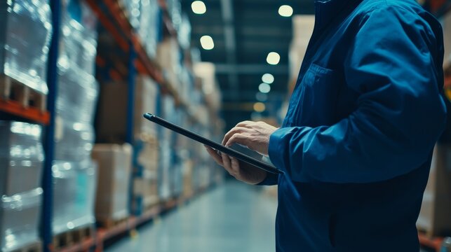 A close-up of a worker using a tablet to manage inventory in a warehouse