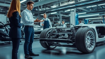Obraz premium A Man Discussing a Car's Undercarriage with Colleagues in a Factory