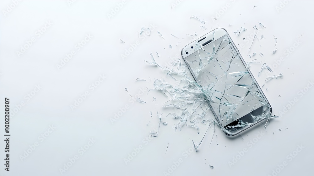 Aufkleber Shattered glass of a cracked smartphone screen on a clean white background  Broken and damaged mobile device display texture and pattern  Abstract digital and technology concept