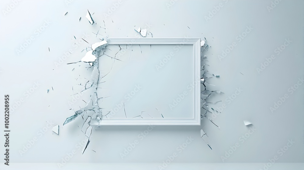 Poster shattered picture frame with jagged glass fragments and broken corners isolated on a clean white bac