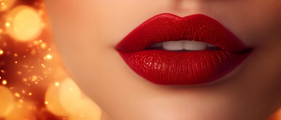 Close-up of beautiful lips with glossy red lipstick and a sparkling background, symbolizing elegance and glamour.