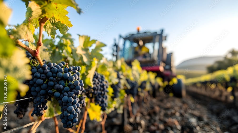 Poster shot of a grape harvester machine delicately pulling grapes from vines in an autumn vineyard the eff