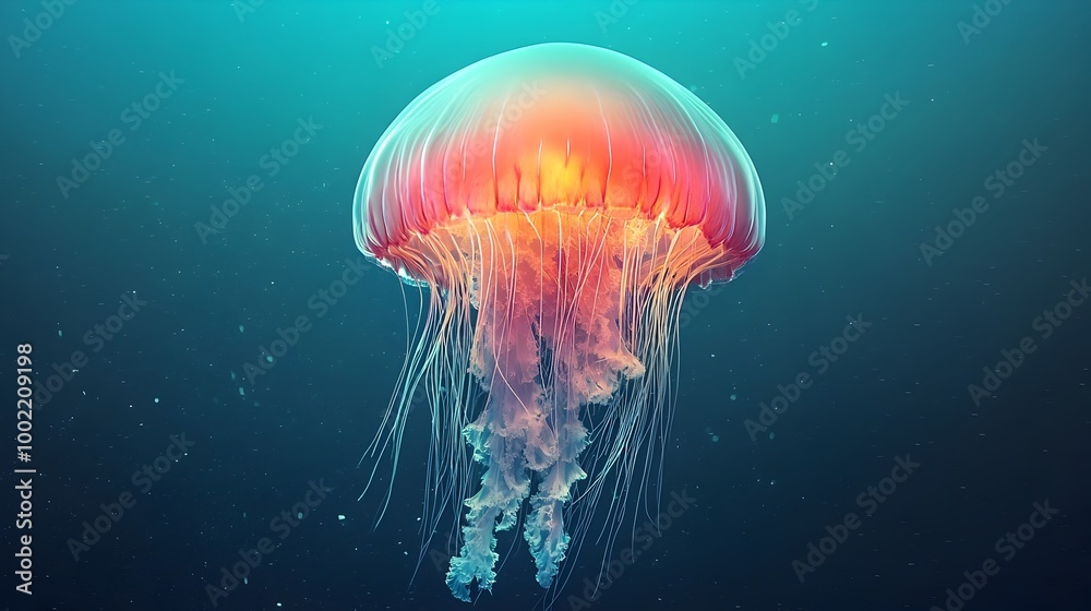 Poster shot of a glowing jellyfish with iridescent colors drifting gracefully in the deep tranquil sea this
