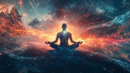 Human figure meditating with quantum particles and energy waves representing quantum consciousness