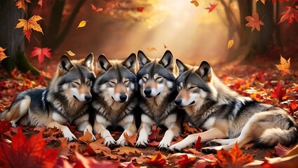 Capture the tranquil essence of autumn with this stunning image of a small pack of wolves resting amidst a blanket of vibrant fall leaves. 