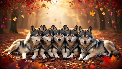 Capture the tranquil essence of autumn with this stunning image of a small pack of wolves resting amidst a blanket of vibrant fall leaves. 