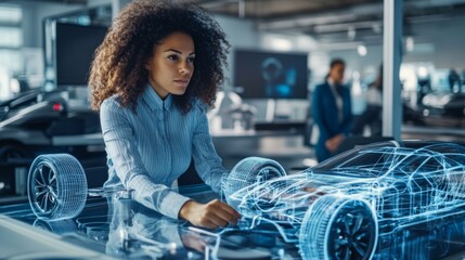 Female Engineer Interacting with a Wireframe Car Model on a Digital Table