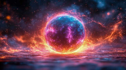 Obraz premium A luminous, pink and purple energy sphere floating amidst glowing nebula-like streams