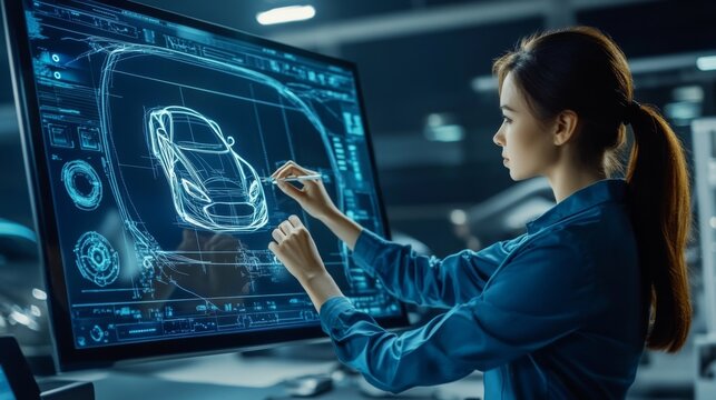 Woman Designing a Car Using a Computer Program