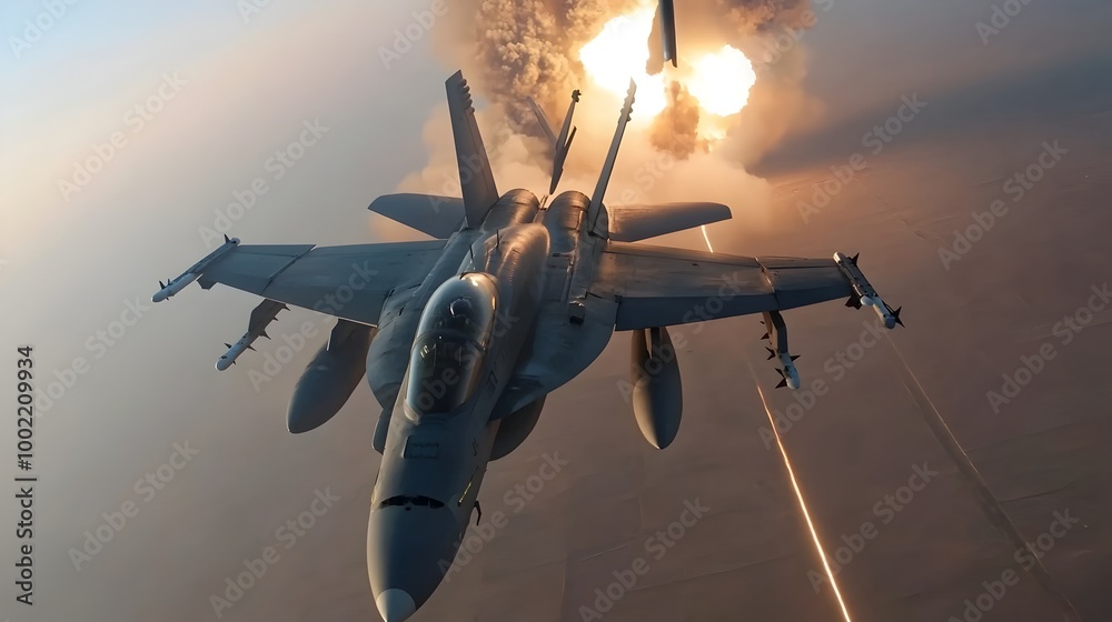 Poster Sleek and nimble fighter jet deftly maneuvering to narrowly evade a missile attack with the explosive impact of the missile visible in the background