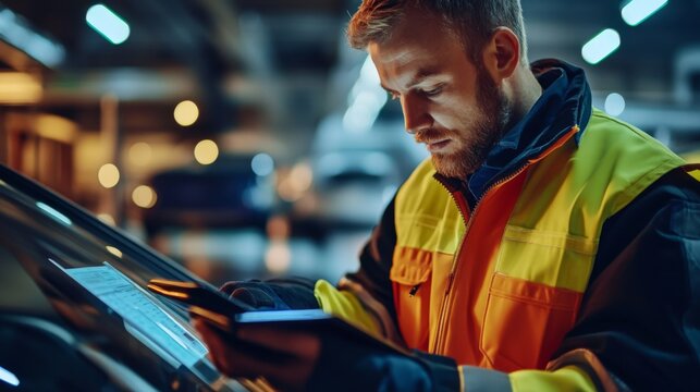 A Man in a Safety Vest Examining Documents Inside a Vehicle