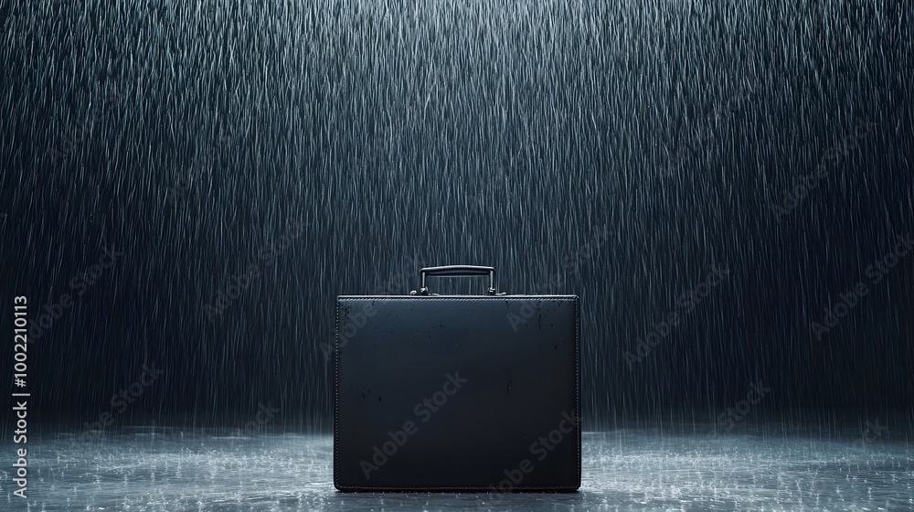 Poster Sleek black briefcase standing alone in a heavy downpour with the rain cascading off its surface in sharp angular lines  The image conveys a sense of professionalism technology