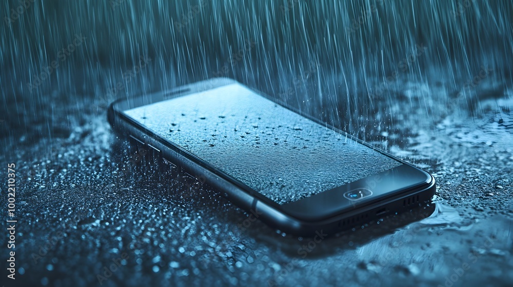 Poster smartphone resting dry in the rain under invisible water barrier a conceptual image symbolizing wate