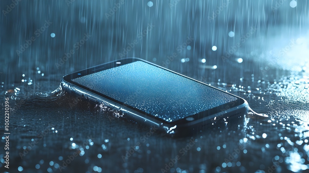 Poster Smartphone Resting in the Rain Shielded by Invisible Water Resistance Barrier   Conceptual Image Showcasing Advanced Water Resistant Technology for Mobile Devices