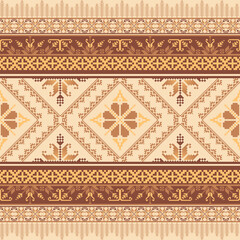 Obraz premium Geometric pixel art pattern. Abstract pixel art geometric pattern design for fabric, carpet, tile, clothing, embroidery, wallpaper, and background. Vector pixel art design. Ethnic pattern. Brown color
