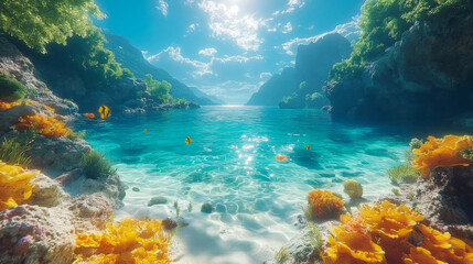 Naklejka premium A serene underwater scene of a tropical beach, showcasing vibrant coral and fish swimming in crystal-clear water