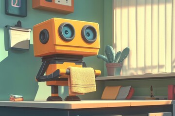 Cartoon-style robot folding towels in a vibrant laundry room