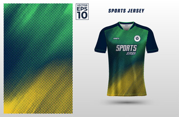 T-shirt sport design template for soccer jersey with green and yellow halftone pattern background. Sport uniform in front view. Tshirt mock up for sport club. Vector Illustration