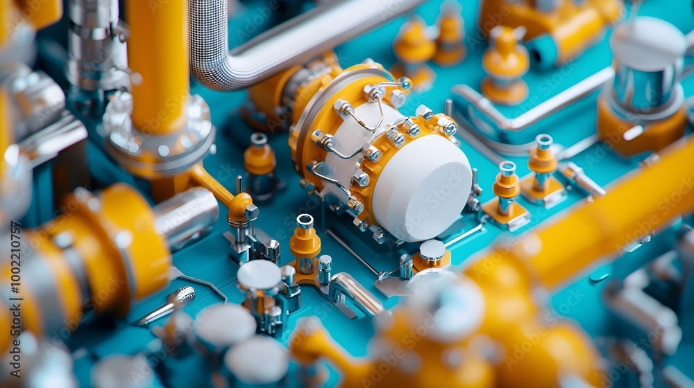 Poster Sophisticated Petrochemical Refinery Showcasing Intricate Industrial Processes and Robotic Automation to Extract Essential Chemicals from Raw Oil Materials through a Split Complementary Color Scheme