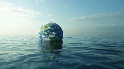 a melting globe with rising water levels, symbolizing the effects of global warming.